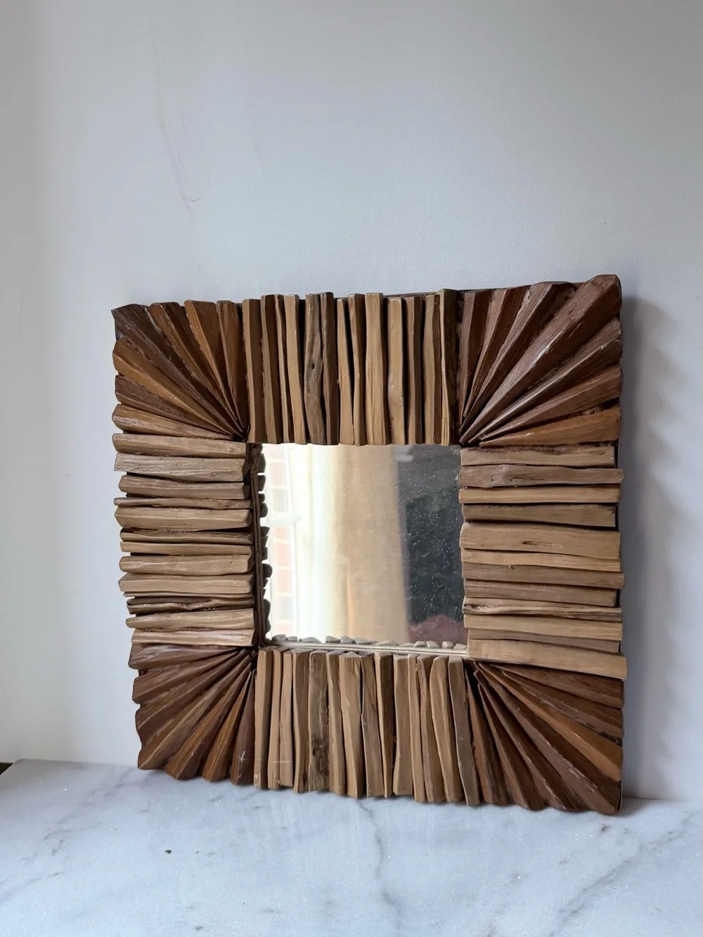 Handcrafted Brown Wooden Square Wall Mirror